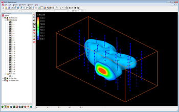 Isosurface on a 3D grid and borehole sample data.