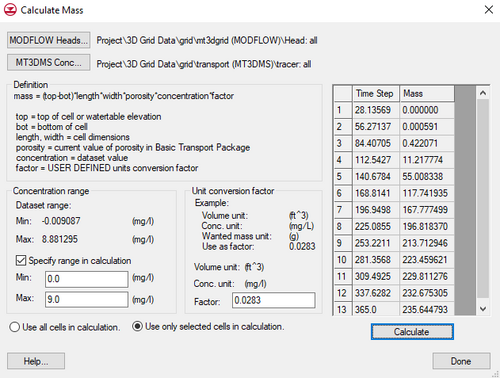 Example of the MT3DMS Calculate Mass dialog.