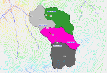 A plan view of a delineated watershed with display order turned off. Notice several contours and other objects "bleed" through the polygons to make things look cluttered.