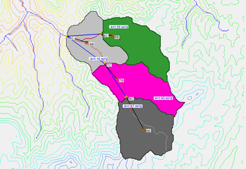 A plan view of a delineated watershed with display order turned on. Notice the cleaner look of the watershed map.