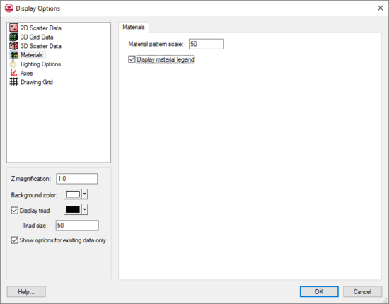 Materials tab of the Display Options dialog.